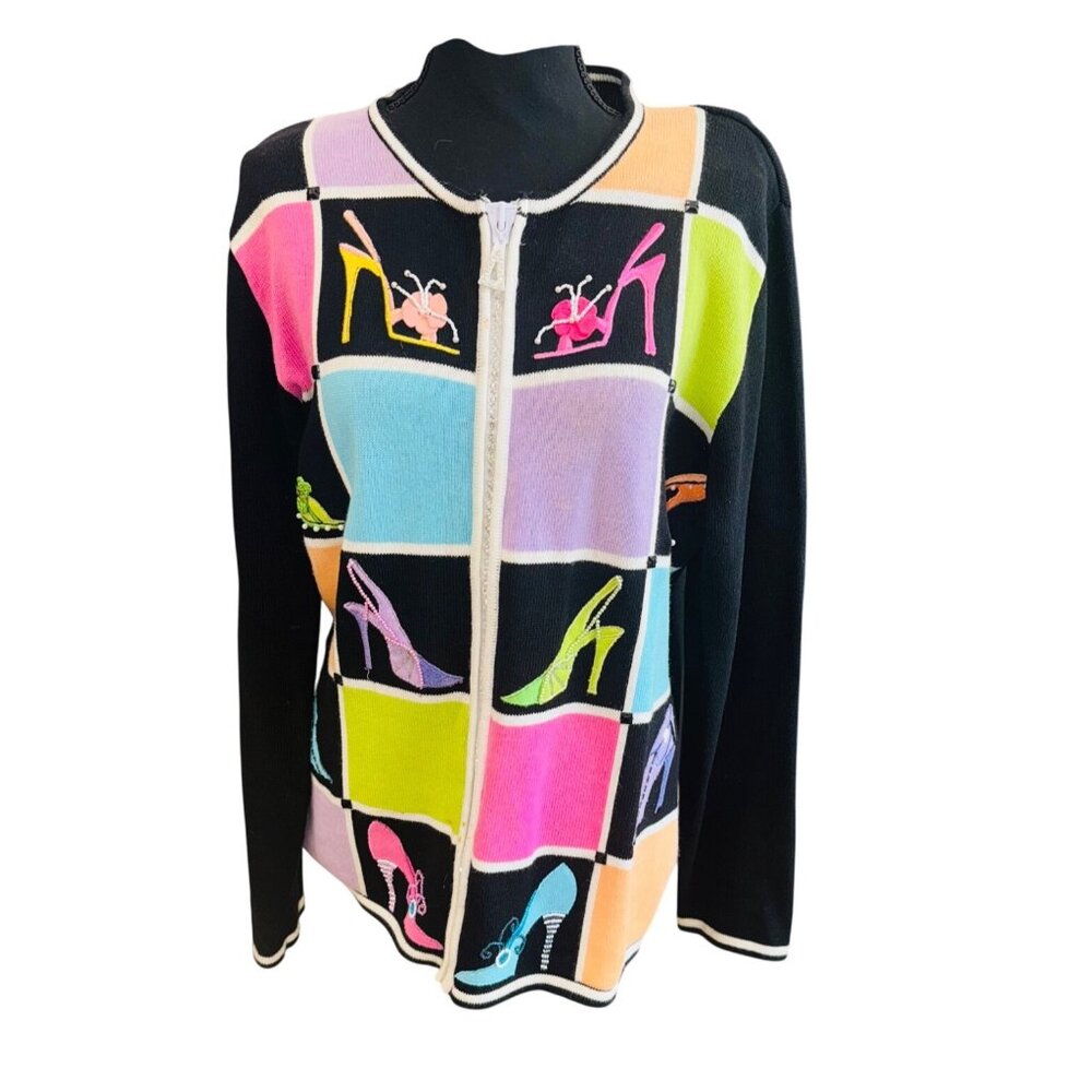 Berek Black Pink Knit Cardigan Multicolor High Heel Shoe Novelty Artsy Sweater